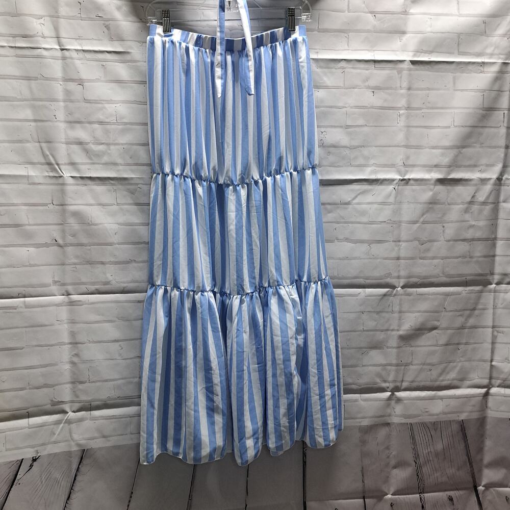 Summer Beachy 2 piece Blue White Stripe Bandau top sheer tiered skirt Lg - Picture 4 of 6